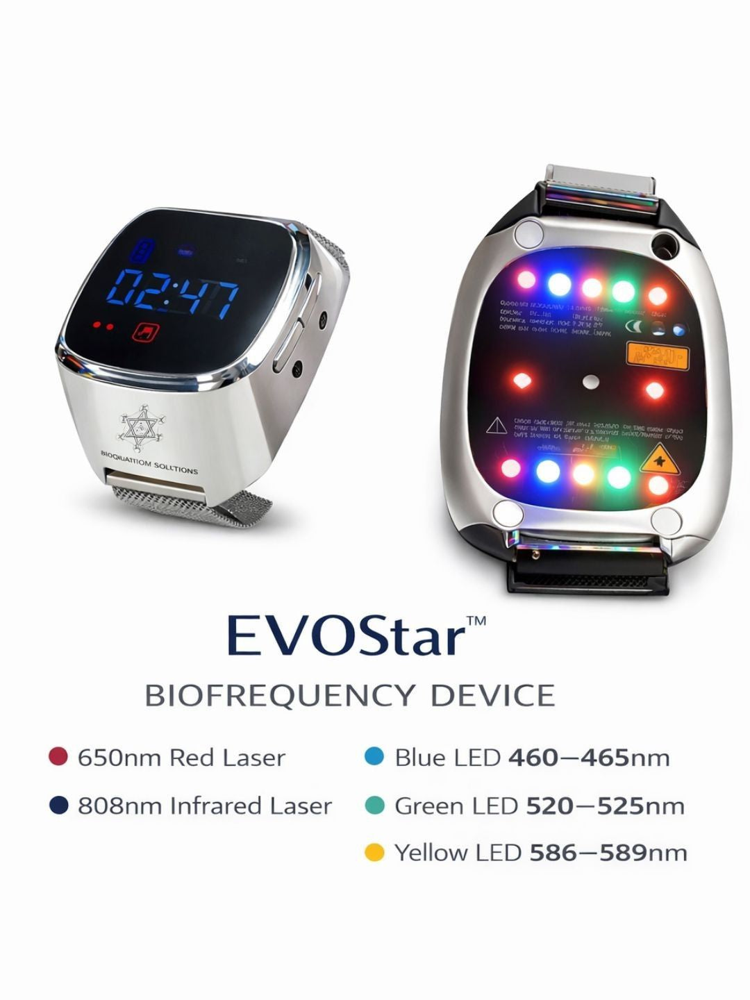 The EvoStar™ BioFrequency Device, front display and multi-wavelength light array